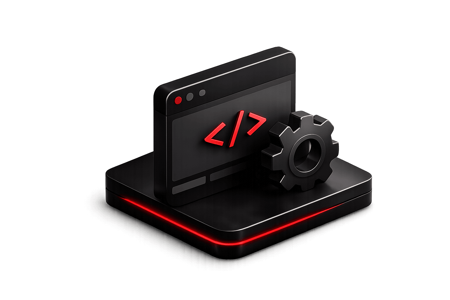 3D black interface window and gear illustration with red code mark.